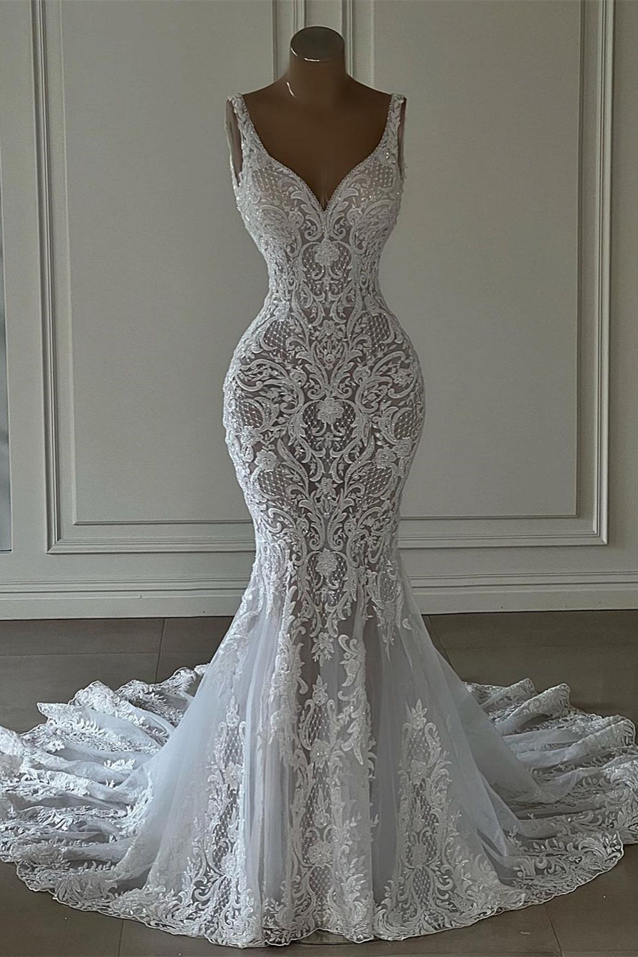 Chic Long Mermaid V Neck Sleeveless Wedding Dress With Lace Embellishments