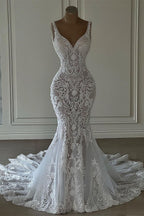 Chic Long Mermaid V Neck Sleeveless Wedding Dress With Lace Embellishments