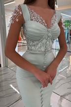 Eleganti Abiti da Sera Verde Menta con Spalline Lunghe e Paillettes con Spacco