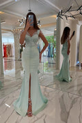 Eleganti Abiti da Sera Verde Menta con Spalline Lunghe e Paillettes con Spacco
