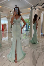 Eleganti Abiti da Sera Verde Menta con Spalline Lunghe e Paillettes con Spacco