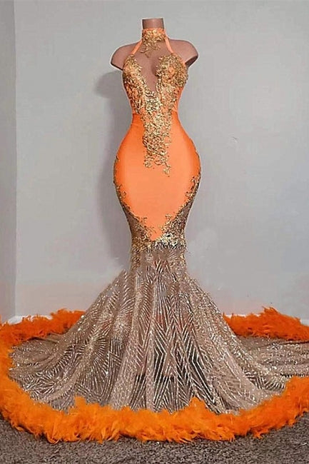 Elegante abito lungo arancione senza maniche con collo all'americana, perline, modello sirena, da sera