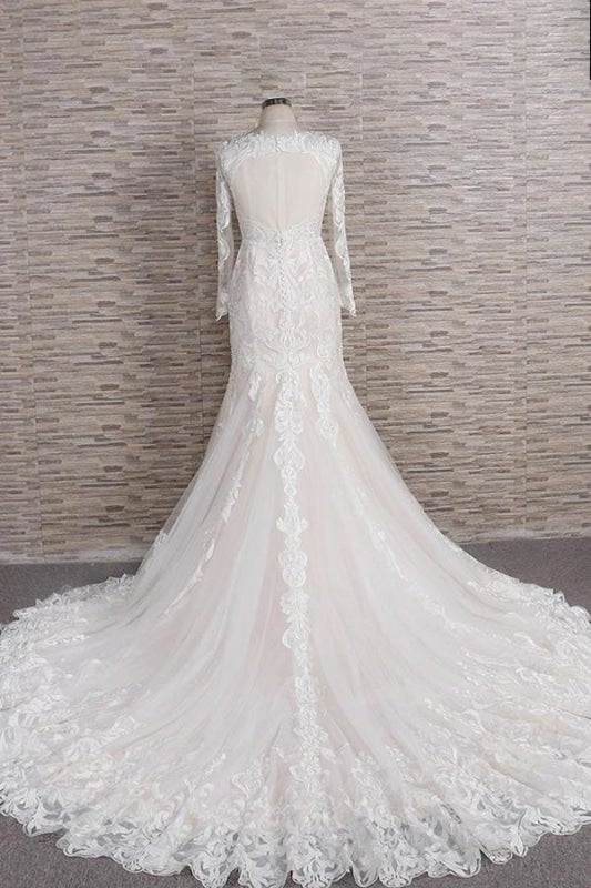Vestidos de novia elegantes de sirena con apliques de manga larga 