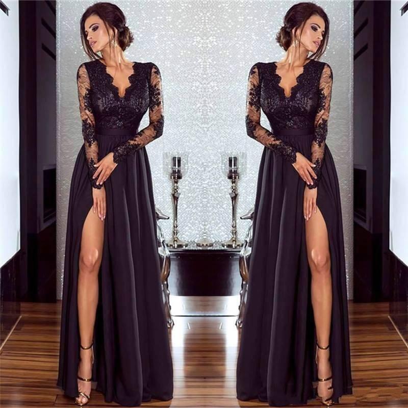 Elegante abito da sera in chiffon con maniche lunghe, linea a trapezio, scollo a V e pizzo, con spacco