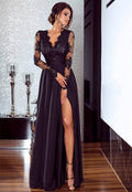 Elegante abito da sera in chiffon con maniche lunghe, linea a trapezio, scollo a V e pizzo, con spacco