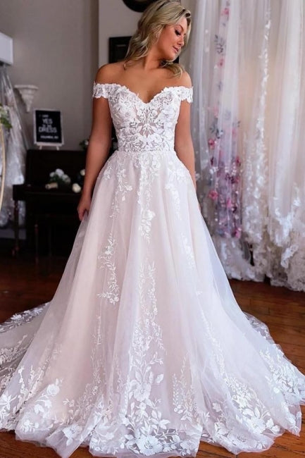Schickes langes weißes A-Linien-Brautkleid mit schulterfreiem Ärmel und Spitze