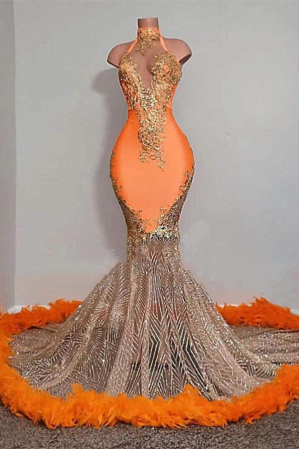 Elegante abito lungo arancione a sirena con collo all'americana e senza maniche in tulle per ballo di fine anno