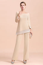 Macacão Elegante de Chiffon Champanhe com Decote Redondo para Mãe da Noiva Online
