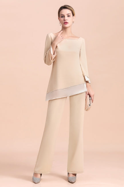 Elegante mono de gasa color champán con cuello redondo para madre de la novia online