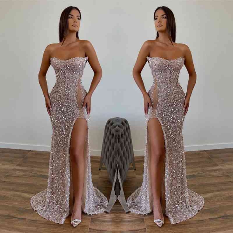 Vestido de Baile Elegante com Lantejoulas, Comprimento até ao Chão, Sem Alças, Corte em A, com Fenda Frontal