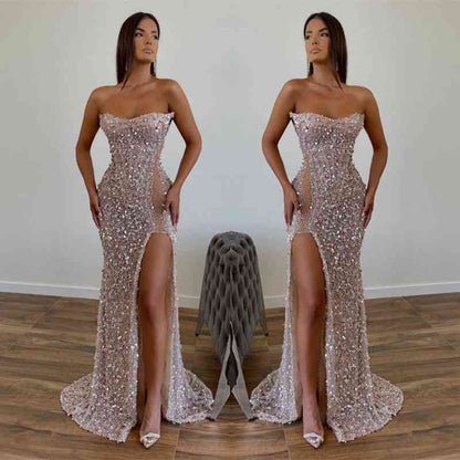 Chic Sequined Floor Length Strapless A-line Prom Dress with Front Slit