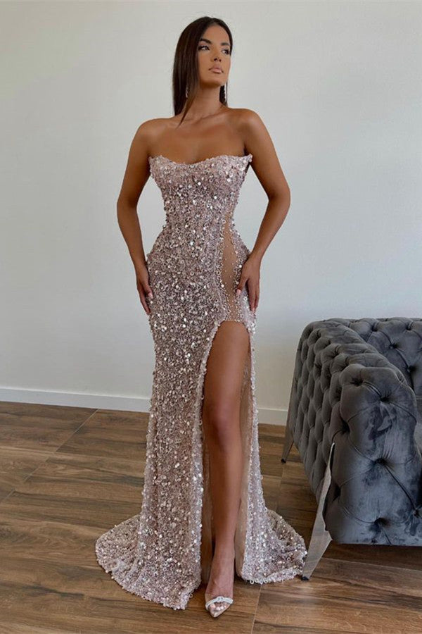 Vestido de Baile Elegante com Lantejoulas, Comprimento até ao Chão, Sem Alças, Corte em A, com Fenda Frontal