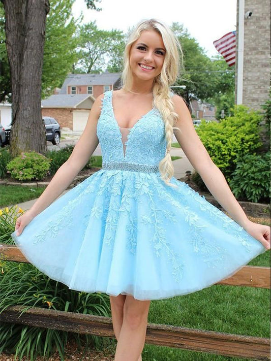 Vestido de fiesta elegante, corto, de tul, con espalda abierta y encaje