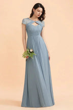 Vestito da damigella d'onore in chiffon con pizzo, maniche corte eleganti e balze