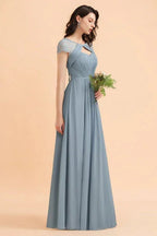 Vestito da damigella d'onore in chiffon con pizzo, maniche corte eleganti e balze