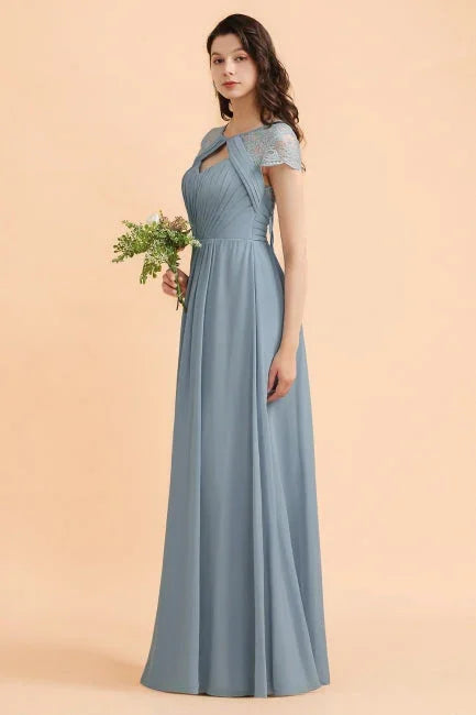 Vestito da damigella d'onore in chiffon con pizzo, maniche corte eleganti e balze