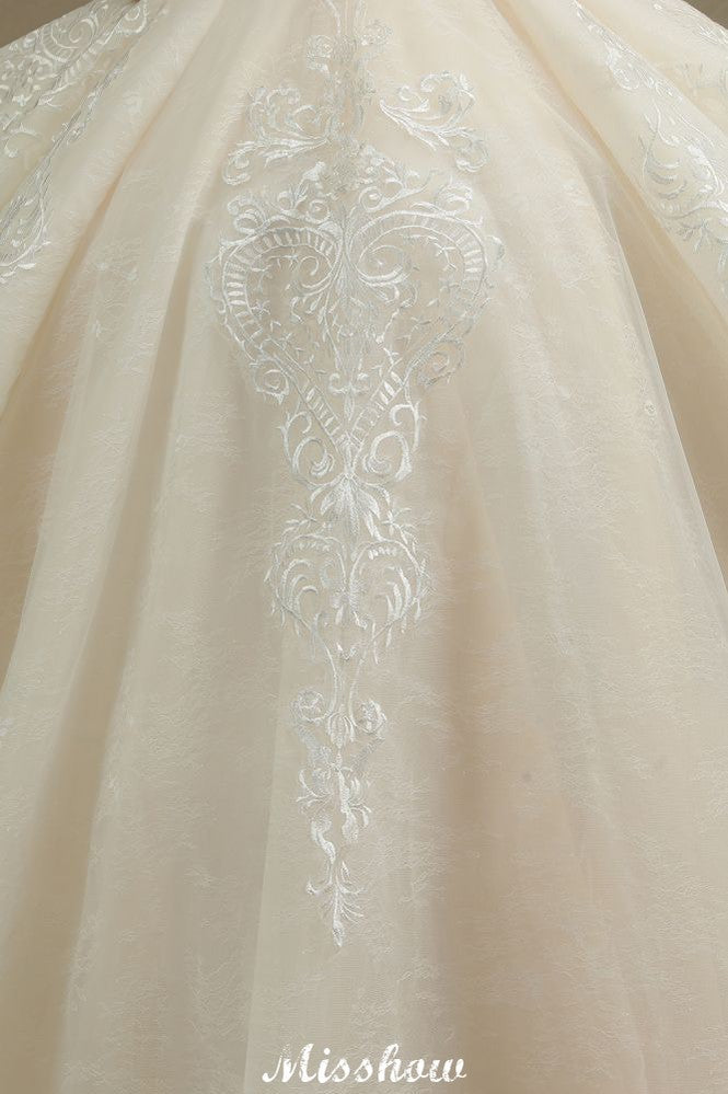 Vestido de Noiva com Aplicações de Renda em Tule, Mangas Curtas Elegantes, Vestido de Casamento para Jardim na Primavera