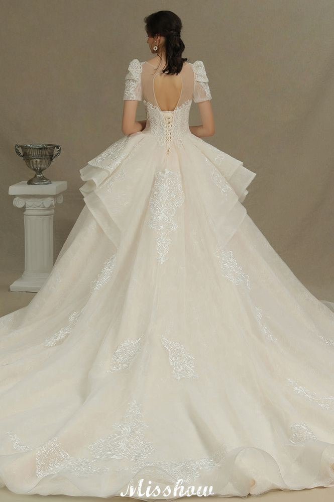 Vestido de Noiva com Aplicações de Renda em Tule, Mangas Curtas Elegantes, Vestido de Casamento para Jardim na Primavera