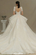 Vestido de Noiva com Aplicações de Renda em Tule, Mangas Curtas Elegantes, Vestido de Casamento para Jardim na Primavera