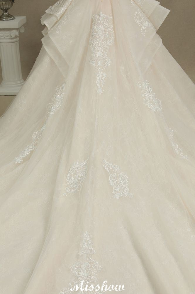 Vestido de Noiva com Aplicações de Renda em Tule, Mangas Curtas Elegantes, Vestido de Casamento para Jardim na Primavera
