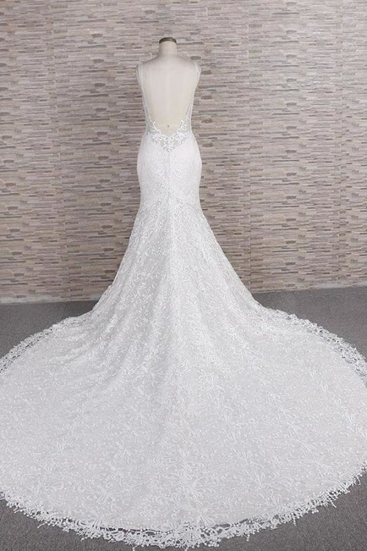 Abiti da sposa eleganti a sirena con applicazioni e spalline sottili chic