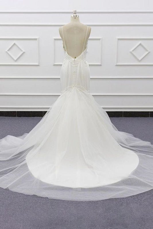 Robes de mariée élégantes sirène à fines bretelles ornées de perles chic