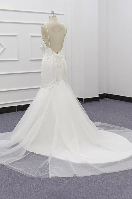 Robes de mariée élégantes sirène à fines bretelles ornées de perles chic
