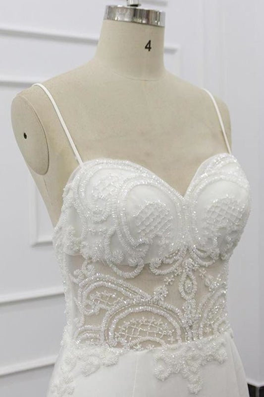 Robes de mariée élégantes sirène à fines bretelles ornées de perles chic