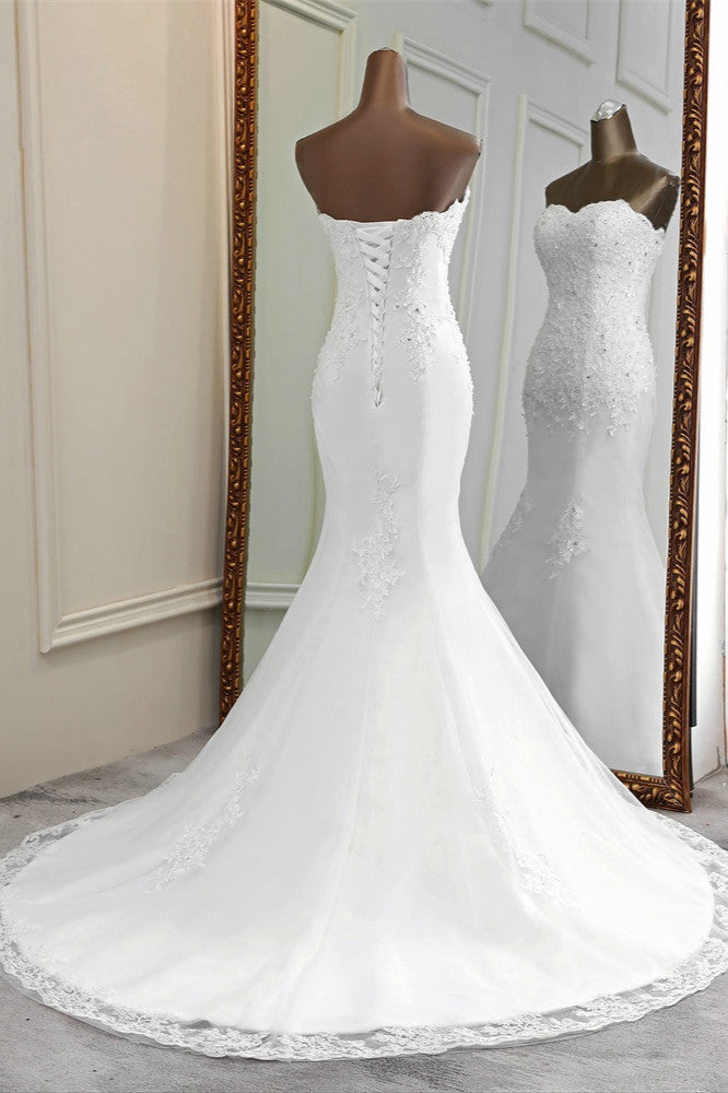 Chic Strapless Lace Appliques Mermaid Wedding Dress With Beading White