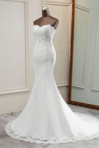 Chic Strapless Lace Appliques Mermaid Wedding Dress With Beading White