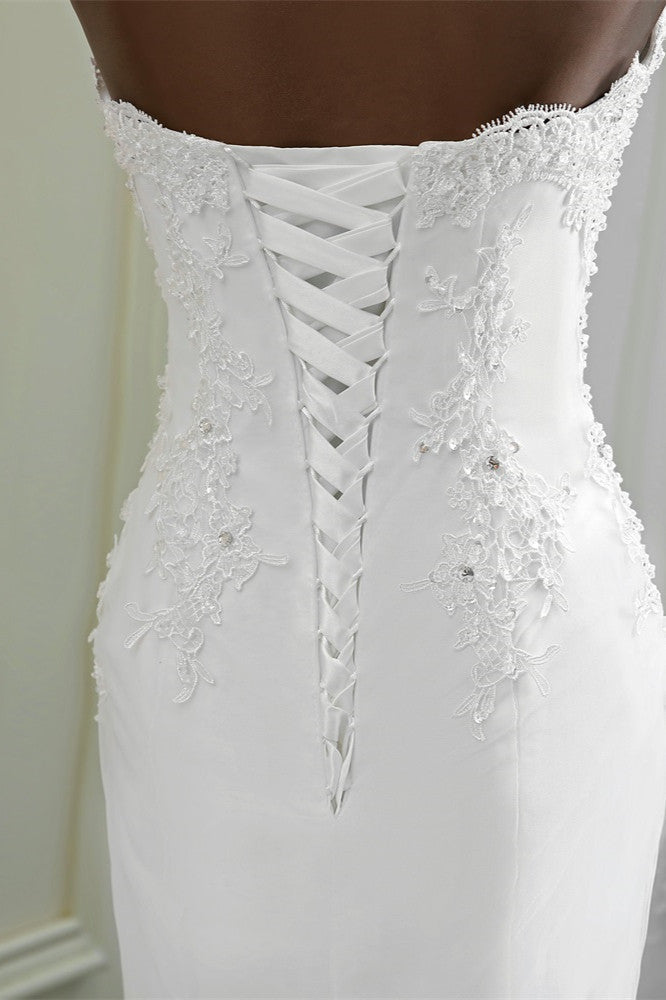 Chic Strapless Lace Appliques Mermaid Wedding Dress With Beading White