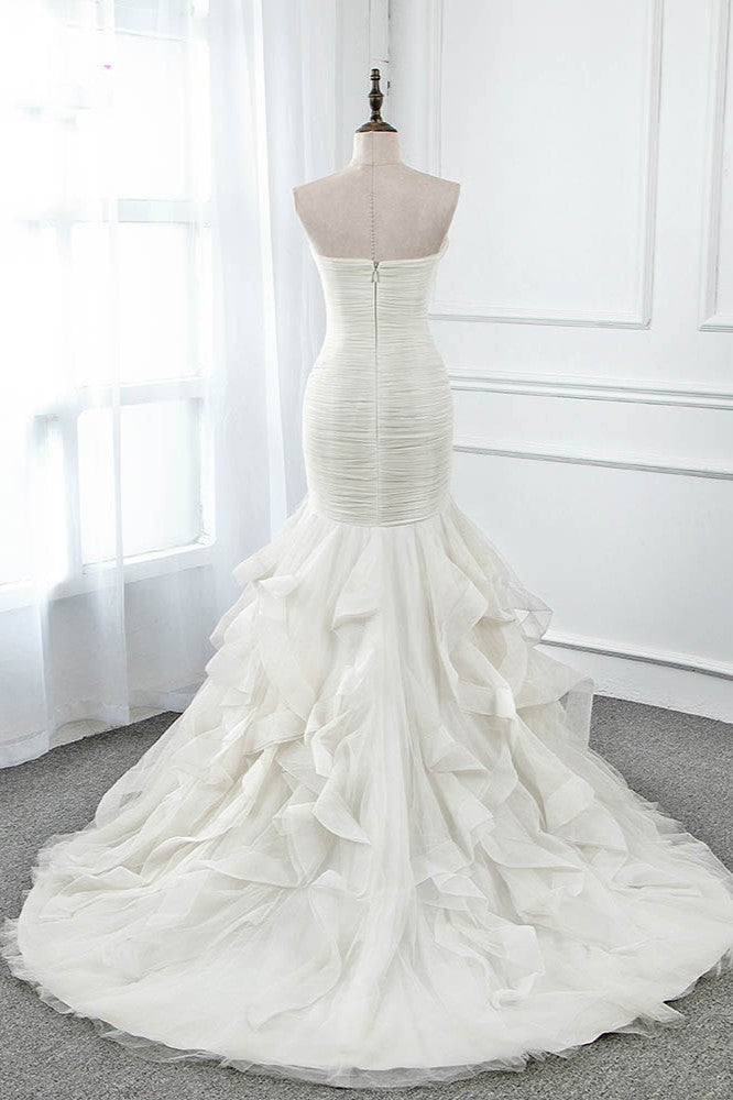Ivory Strapless Sweetheart Wedding Dress Tulle Mermaid Gown With Feathers