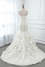 Ivory Strapless Sweetheart Wedding Dress Tulle Mermaid Gown With Feathers