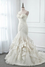 Ivory Strapless Sweetheart Wedding Dress Tulle Mermaid Gown With Feathers