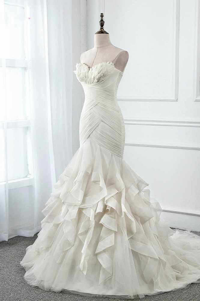 Ivory Strapless Sweetheart Wedding Dress Tulle Mermaid Gown With Feathers