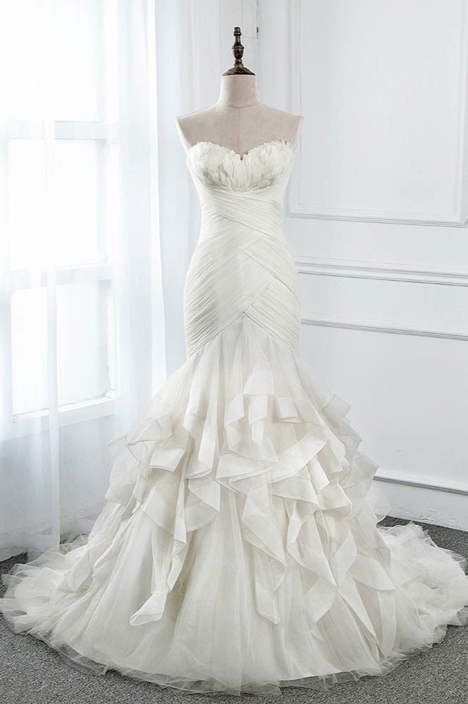 Ivory Strapless Sweetheart Wedding Dress Tulle Mermaid Gown With Feathers