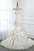 Ivory Strapless Sweetheart Wedding Dress Tulle Mermaid Gown With Feathers