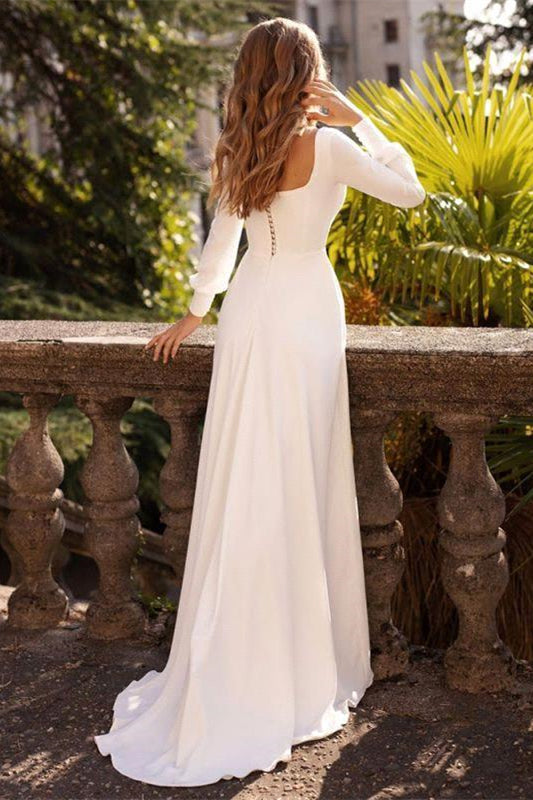 Chic White Satin Long Sleeves A-Line Wedding Dresses Long