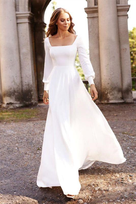 Chic White Satin Long Sleeves A-Line Wedding Dresses Long