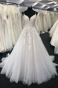 Chic White Tulle Lace Spaghetti Straps A Line Wedding Dress With V Neck On Sale