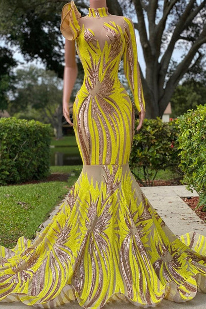 Elegante vestido de fiesta amarillo de sirena con cuello alto, manga larga y un solo hombro