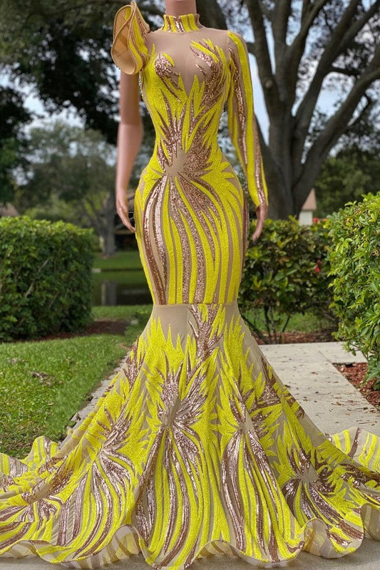 Elegante vestido de fiesta amarillo largo de sirena con cuello alto, tul y encaje, con mangas