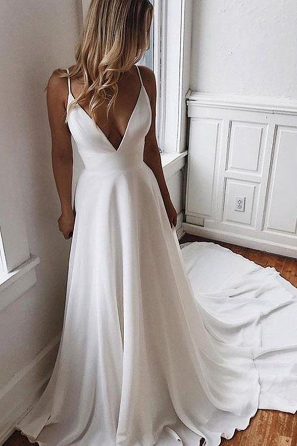 Chiffon A-line V-neck Lace Spaghetti Straps Wedding Dress with Sweep Train