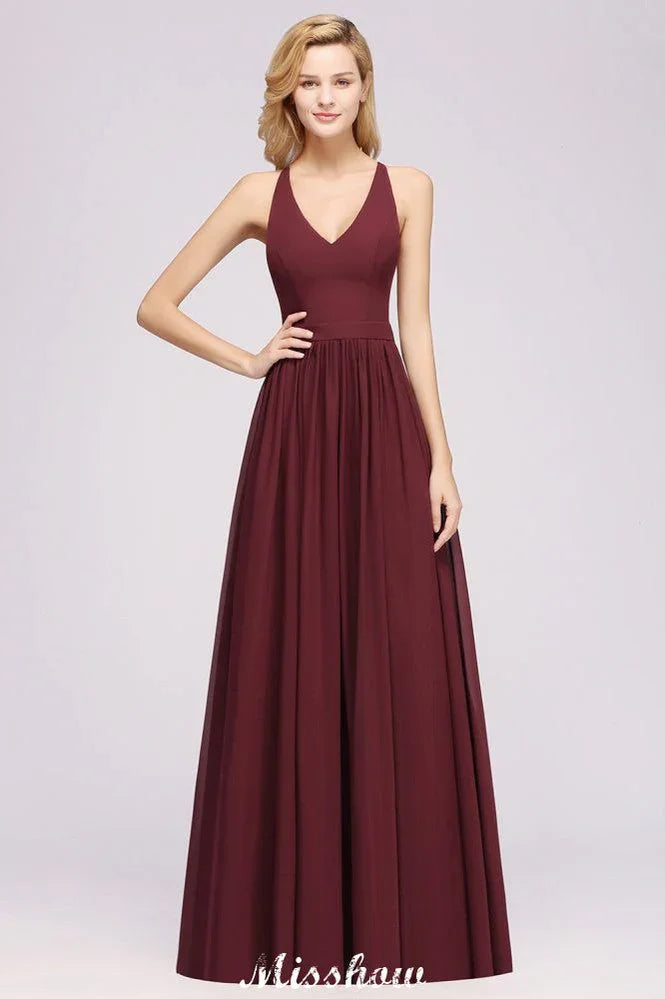 Abiti damigella d'onore a linea A in pizzo chiffon | Abiti lunghi senza maniche con scollo a V per damigella d'onore