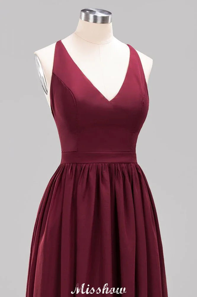 Robes de demoiselle d'honneur en dentelle chiffonnée, coupe évasée | Robes longues sans manches à col en V pour demoiselle d'honneur