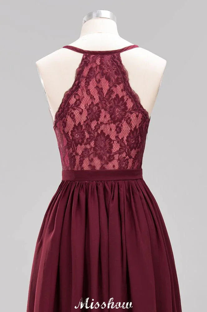 Robes de demoiselle d'honneur en dentelle chiffonnée, coupe évasée | Robes longues sans manches à col en V pour demoiselle d'honneur