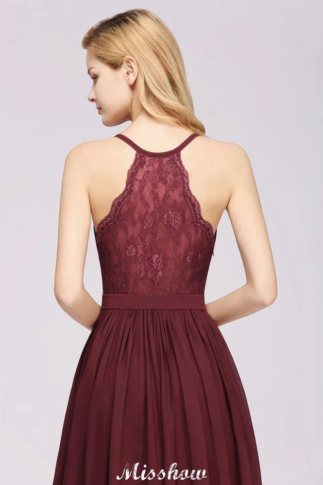 Robes de demoiselle d'honneur en dentelle chiffonnée, coupe évasée | Robes longues sans manches à col en V pour demoiselle d'honneur