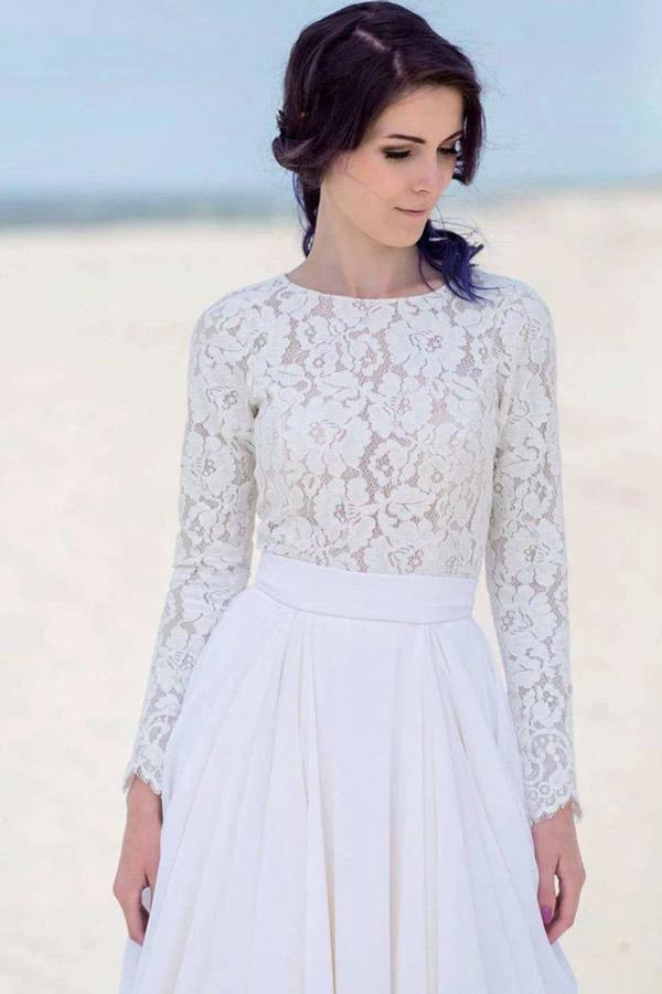 Robe de plage/nuptiale blanche en dentelle à manches longues avec fermeture éclair