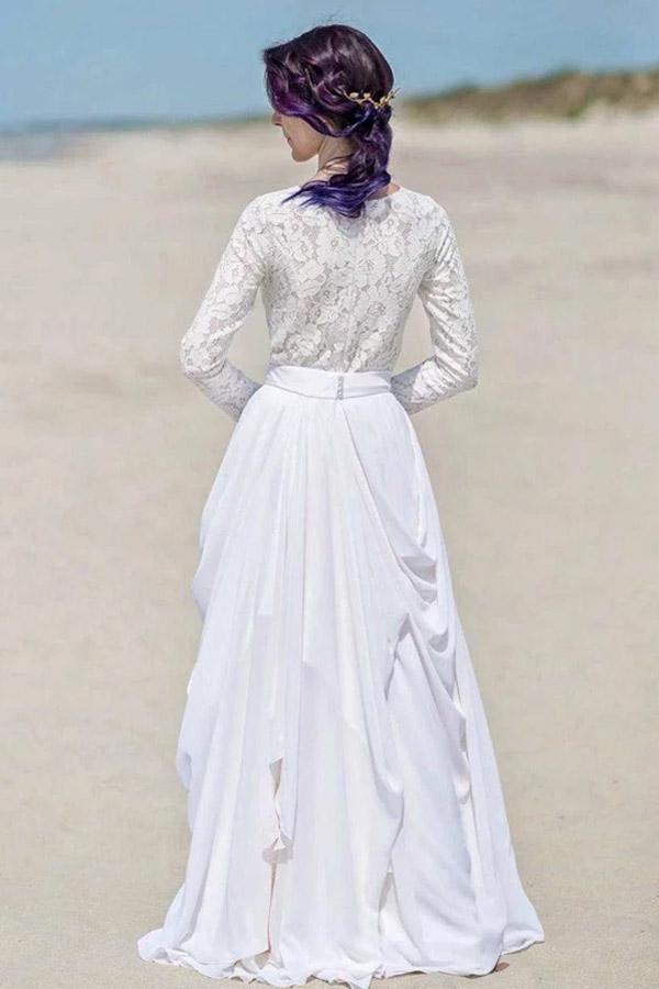 Robe de plage/nuptiale blanche en dentelle à manches longues avec fermeture éclair