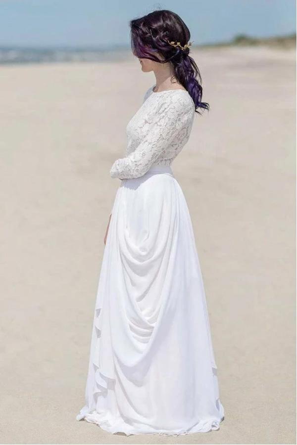 Robe de plage/nuptiale blanche en dentelle à manches longues avec fermeture éclair